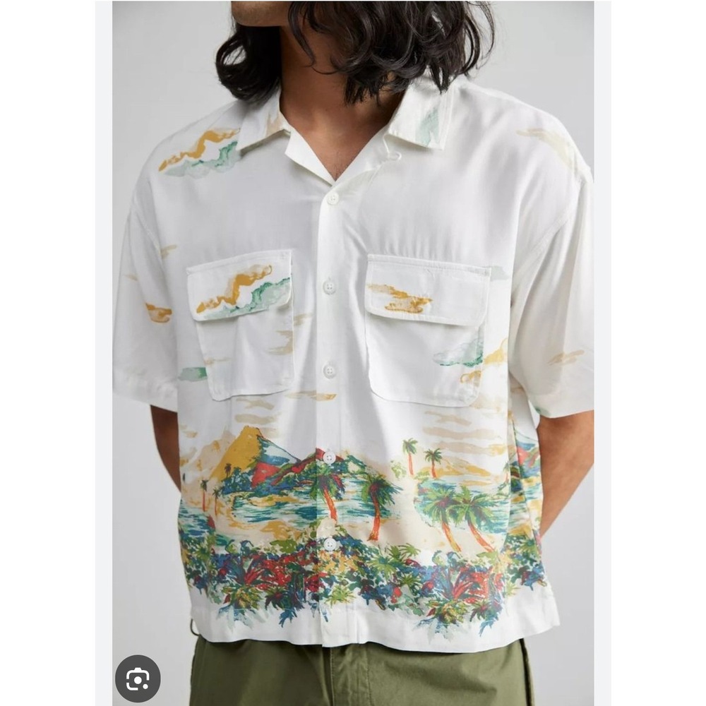 Urban Outfitters Scenic Landscape Print Viscose Short Sleeve Shirt Mens XL White